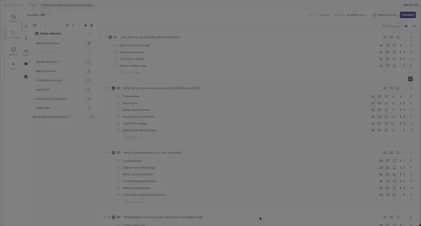 Animated demonstration of reordering and editing questions in the Questionnaire Builder